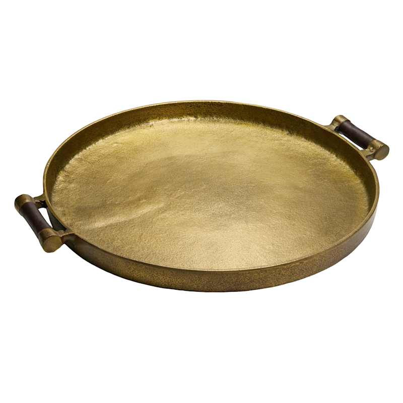 Antique Brass Round Tray with Leather Wrapped Handles, 16" | At Home