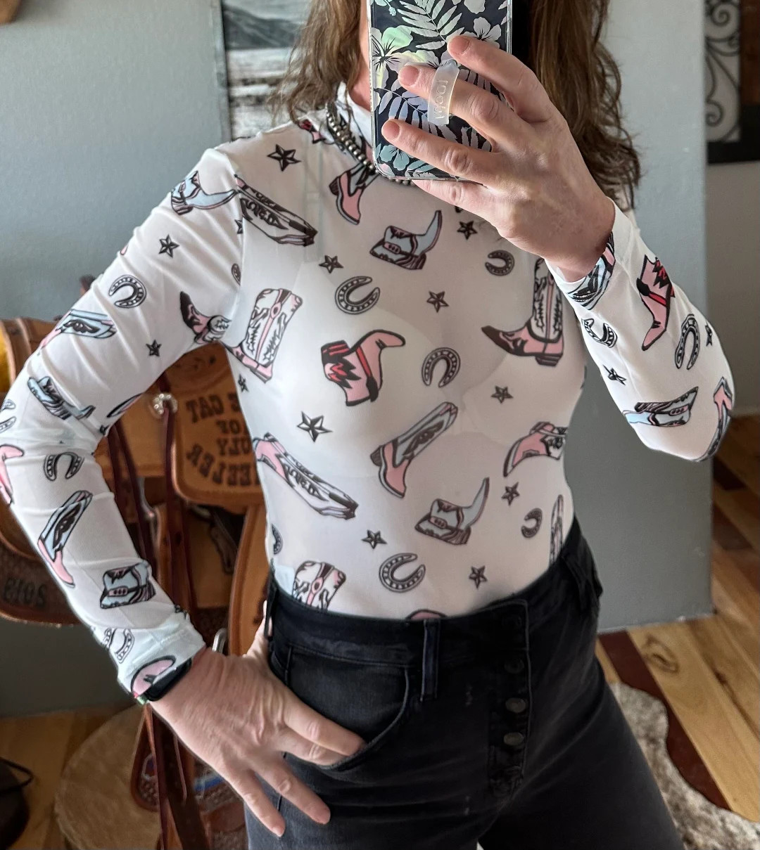 Women's Cowgirl Boots Bodysuit, Western Fashion, Mesh Layering Top - Etsy | Etsy (US)