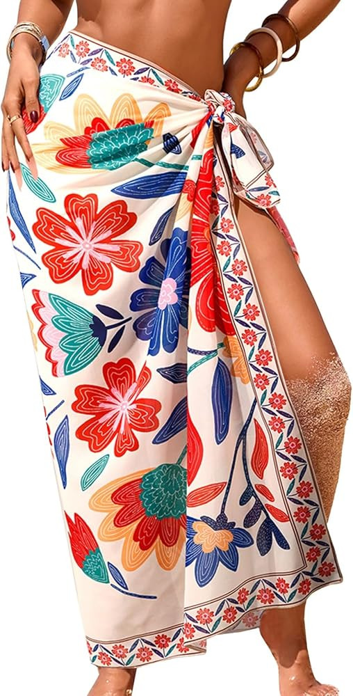 Herseas Women Sheer Sarong High Slit One Size Swimsuit Coverups 2026 Summer Floral Print Chiffon ... | Amazon (US)