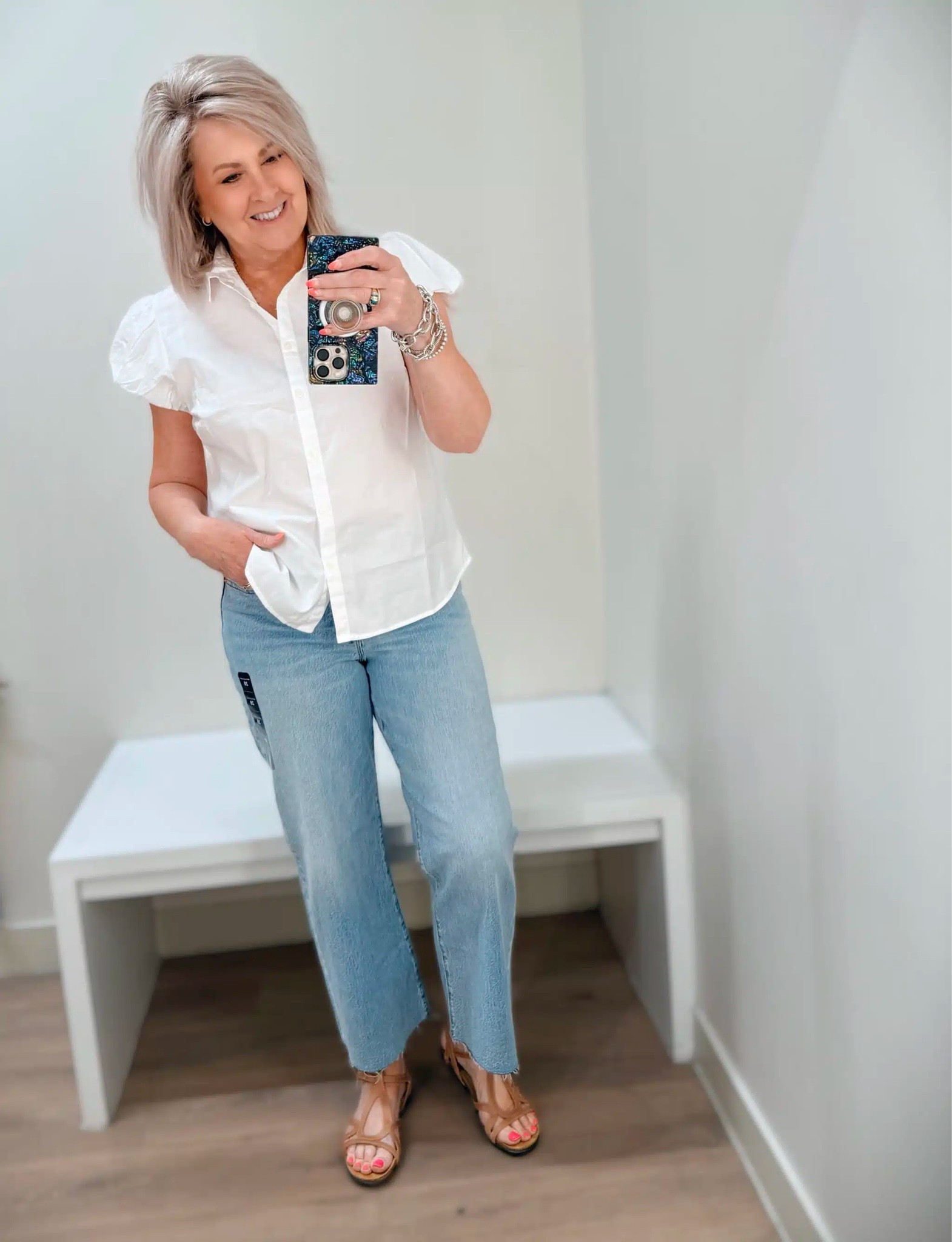 A basic everyday outfit from J Crew Factory. This puff sleeve top gives something extra to a classic white shirt. My top is a size large and jeans are a 28, but needed a 29.

#LTKWorkwear #LTKOver40 #LTKootd