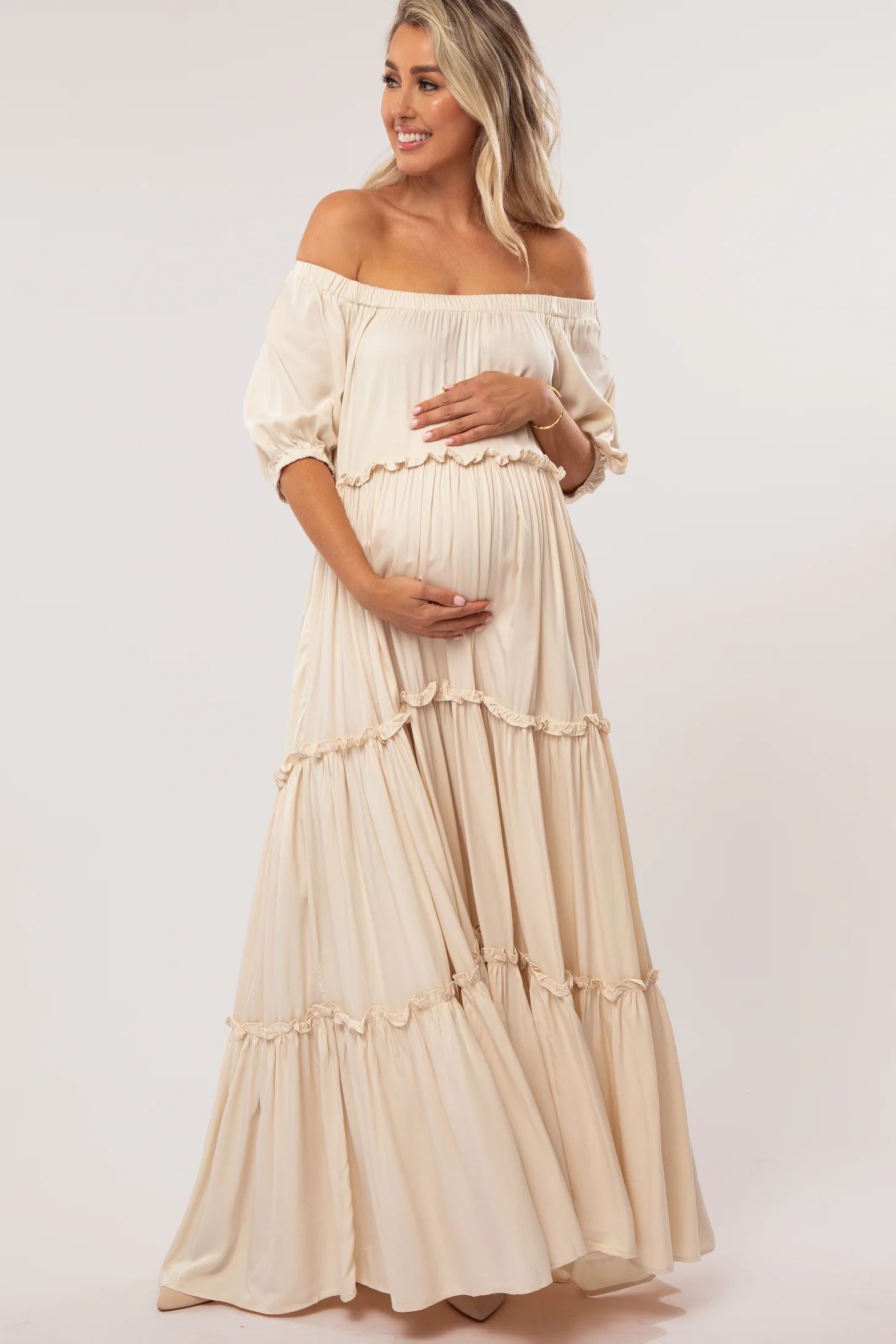 Cream Off Shoulder Ruffle Tiered Maternity Maxi Dress | PinkBlush Maternity
