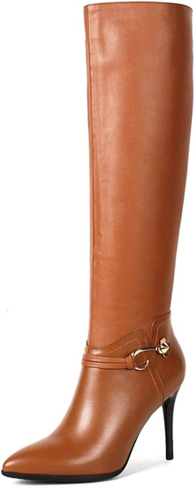 Brown with Metal Buckle Heeled Boots | Amazon (US)