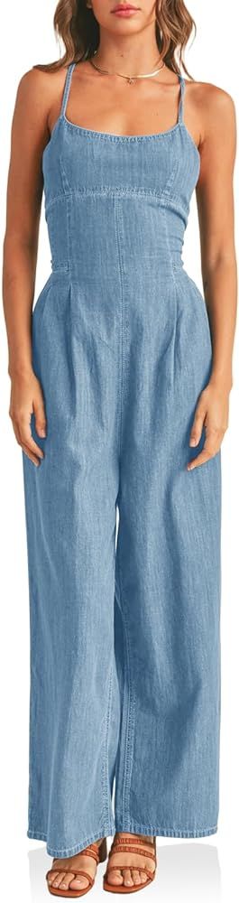 PLNOTME Womens Casual Denim Overall Jumpsuit Summer Wide Leg Backless Adjustable Strap Overall wi... | Amazon (US)