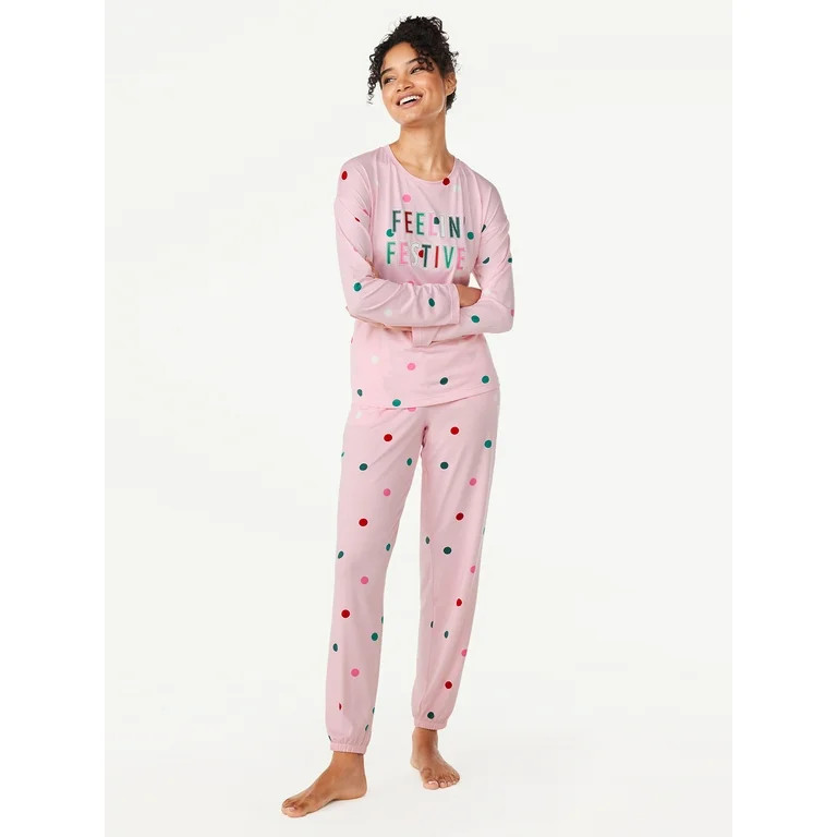 Joyspun Women’s Long Sleeve Tee and Joggers, 2-Piece Pajama Set, Sizes S-3X | Walmart (US)