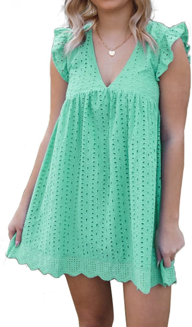 Ulekuke Romper Dress with Lined Shorts Summer V-Neck Ruffle Sleeve Cotton Short Skirt Solid Color... | Amazon (US)