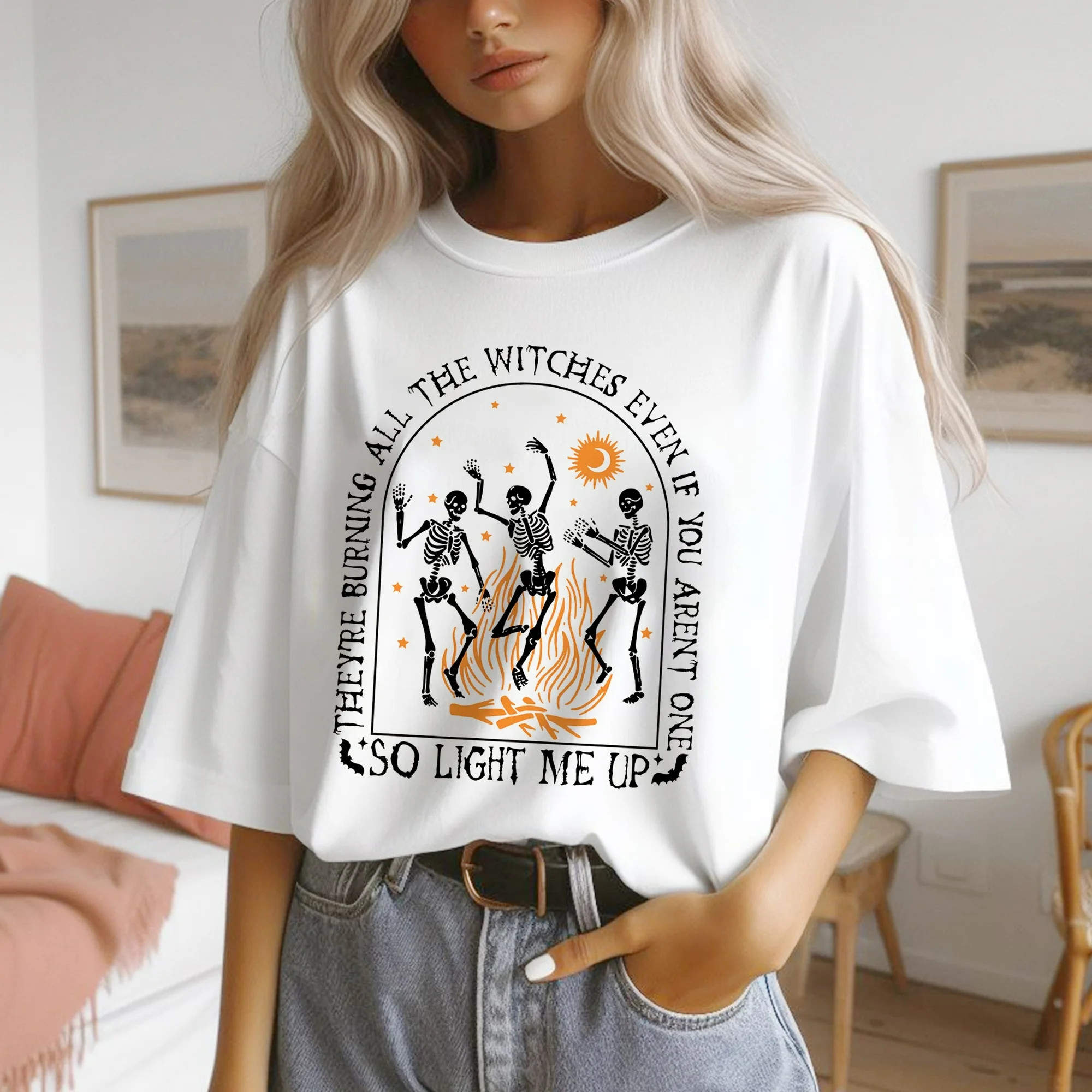 Dancing Skeleton Shirt, They're Burning All The Witches Shirt, Witchy Shirt, Trendy Halloween Shi... | Walmart (US)