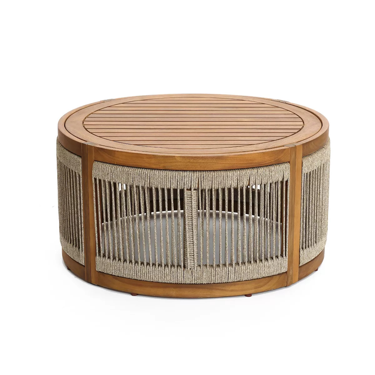 LuxenHome Outdoor Acacia Wood Rope Sides Round Drum Coffee Table Brown | Target
