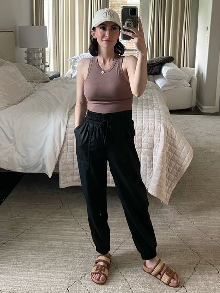 Casual spring outfit, the joggers are a little tight in the legs but fit great in the waist. The sandals come in three different colors. I linked a similar hat bc mine is from Target and unavailable online rn. 

Summer outfits, travel outfits, sandals, joggers, Target fashion, Nordstrom, Dillards, shopbop 

#LTKstyletip #LTKGiftGuide #LTKfindsunder50