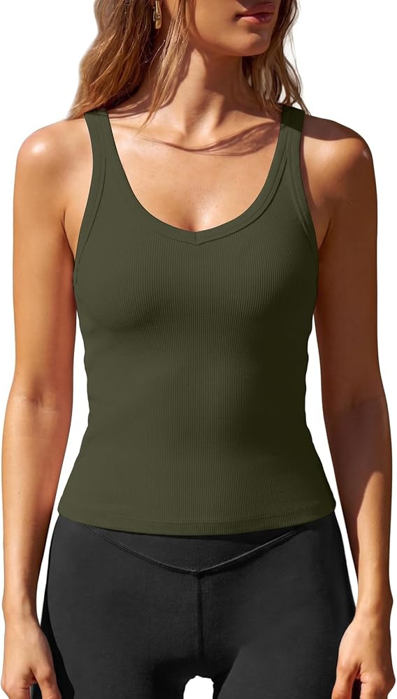 Darong Womens V Neck Padded Tank Tops Ribbed Summer Camisole | Amazon (US)