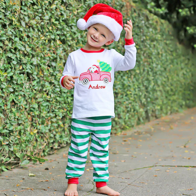 Winter Truck Green Stripe Pajamas | Classic Whimsy