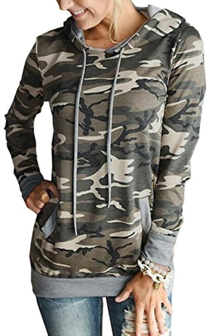 Angashion Women Hoodies-Tops- Floral Printed Long Sleeve Pocket Drawstring Sweatshirt with Pocket | Amazon (US)