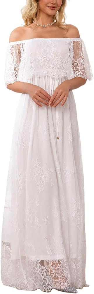 HOYISHION Women's Off Shoulder Lace Maxi Wedding Dress Maternity Photoshoot | Amazon (US)