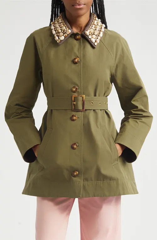 Veronica Beard Langham Waxed Belted Dickey Coat with Removable Collar in Army at Nordstrom, Size Large | Nordstrom
