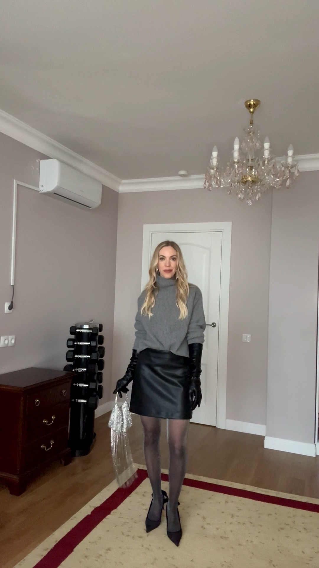 New Year’s Eve outfit, faux leather mini skirt with sparkly glitter tights and velvet bow pumps, long leather gloves party look 

#LTKFindsUnder100 #LTKHoliday #LTKSaleAlert