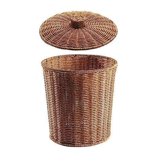 PATKAW Small Woven Basket with Lid Rattan Trash Can Wastebasket Garbage Container Bin Plant Pot L... | Amazon (US)