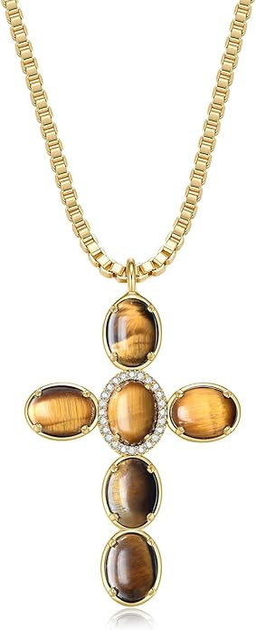 14K Gold Plated Gemstone Cross Pendant Necklace for Women Turquoise/Tiger Eye/Amethyst/Obsidian/M... | Amazon (US)