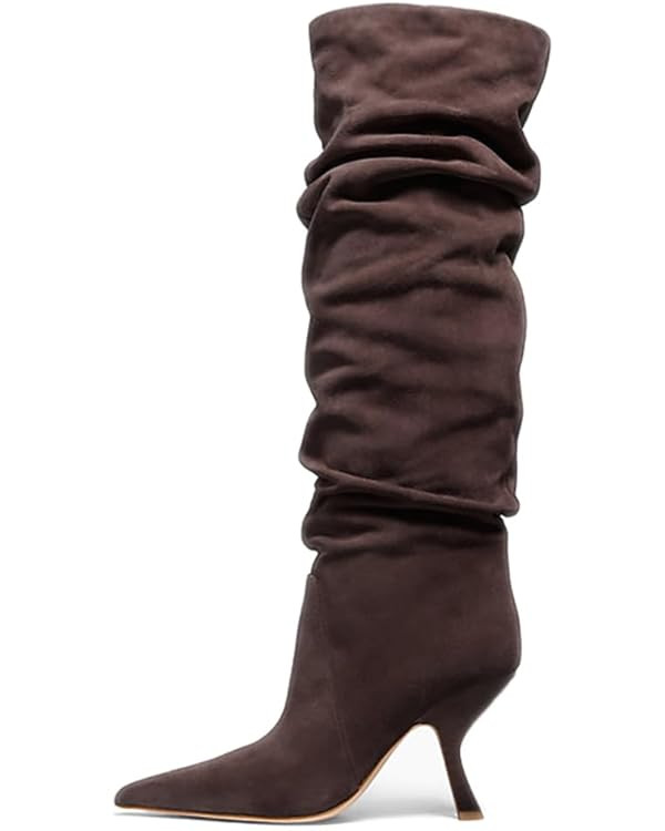 Erocalli Knee High Boots for Women Wide Calf Slouchy Tall Boot Kitten High Pointed Toe Side Zippe... | Amazon (US)