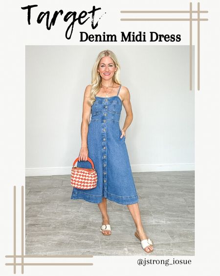 Target denim midi dress has corset detailing, buttons are functional from the waist down, and has pockets. Straps are adjustable. Add a fun purse for a pop of color and wear any shoes with this dress! 

#LTKStyleTip #LTKFindsUnder50