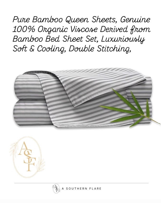 Pure Bamboo Queen Sheets, Genuine 100% Organic Viscose Derived from Bamboo Bed Sheet Set, Luxuriously Soft & Cooling, Double Stitching,
