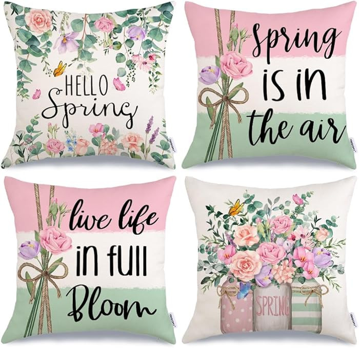 GEEORY Spring Floral Eucalyptus Mason Jars Throw Pillow Covers Set of 4, 18x18 inch Spring is in ... | Amazon (US)