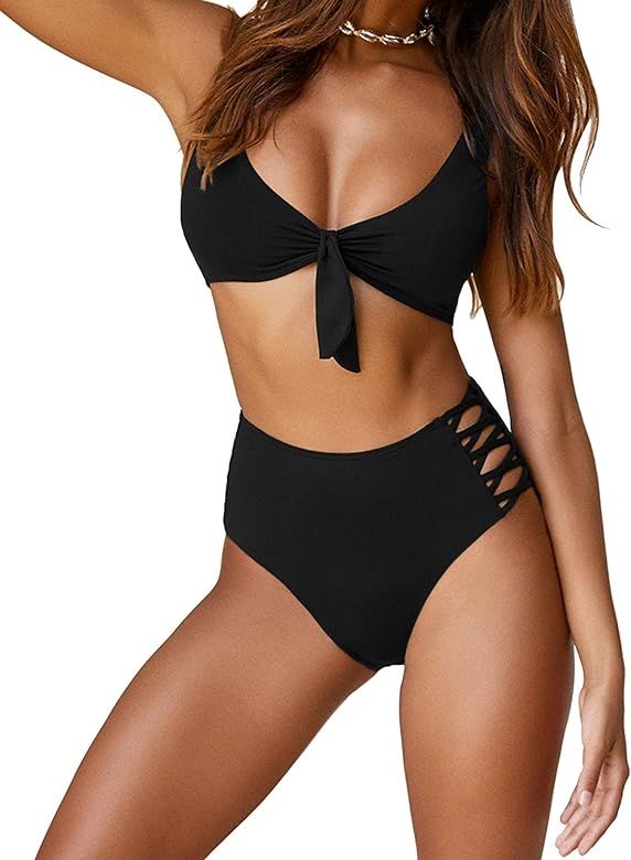 Womens High Waisted Bikini Two Piece Swimsuit Tie Knot Criss Cross Bathing Suit | Amazon (US)