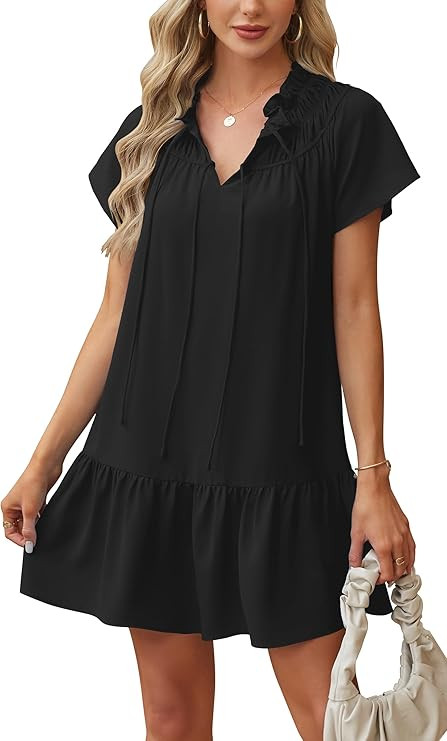 Angashion Womens Summer Mini Dress Short Sleeves V Neck Dresses Ruffle Casual Tie Sundress with P... | Amazon (US)