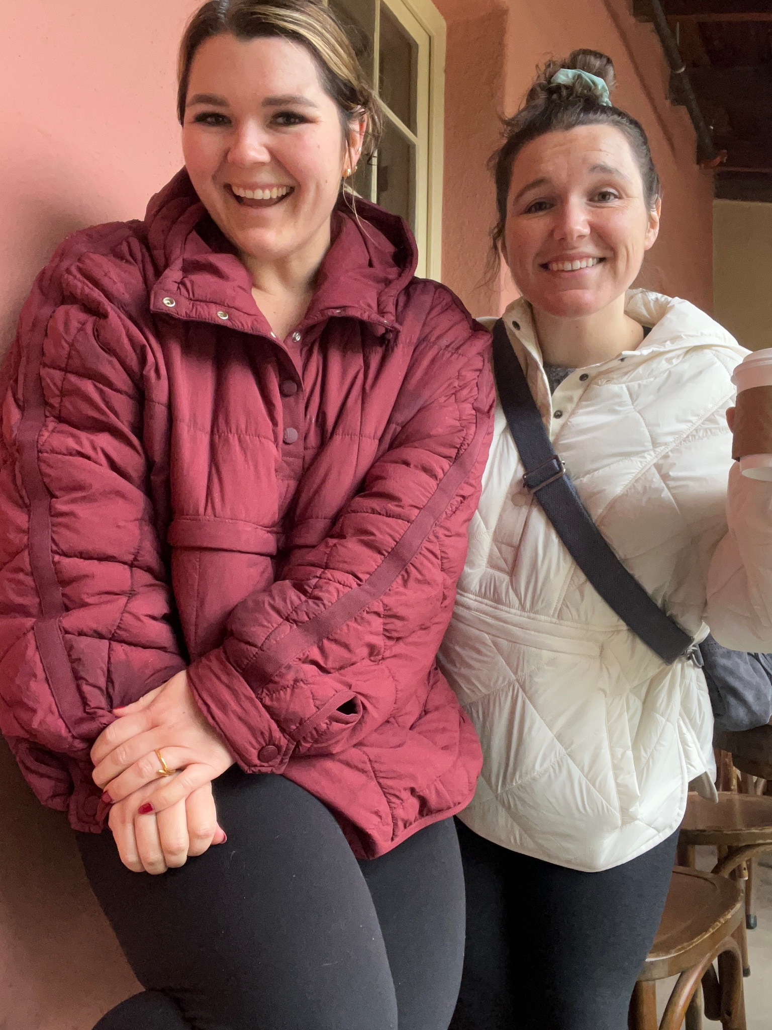 Save vs splurge sister edition! I’m wearing the free people pull over puffer in the maroon color and my sister is wearing the white Aerie version, currently on sale for $45! Both are size large. Free people quality is MUCH better but they look SUPER similar. 

#LTKSeasonal #LTKunder50 #LTKcurves