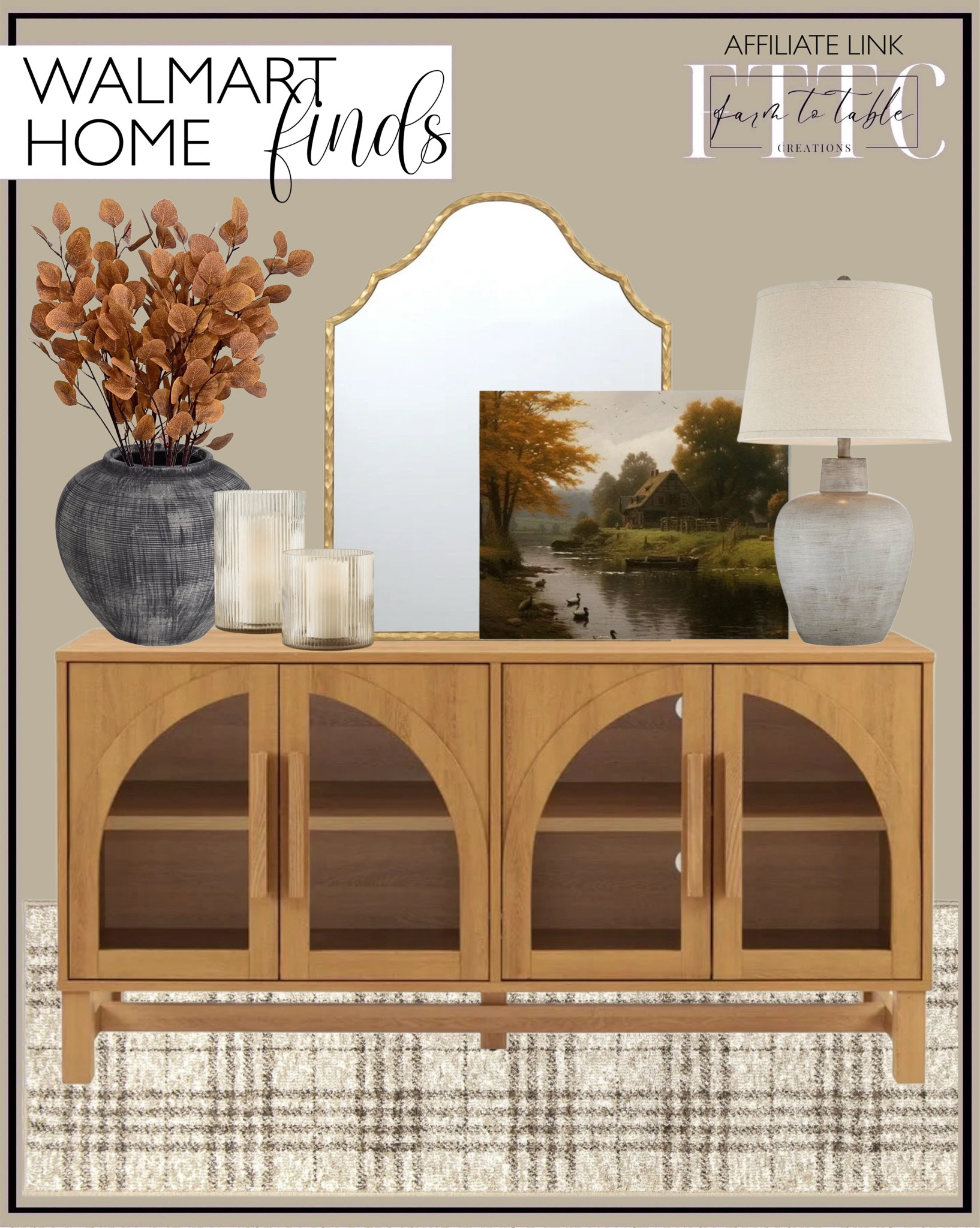 Walmart Home Finds. Follow @farmtotablecreations on Instagram for more inspiration.

Better Homes & Gardens Juliet Arc TV Stand. My Texas House Highlands 2' X 8' Runner Beige Plaid Area Rug. Gold Frame Art Deco Arch Wall Mirror 28"x36" My Texas House. Framed Autumn Fall Forest River Landscape Wall Art. Regency Hill Glenn Rustic Country Cottage Table Lamps. Studio 55D McGinn 9" Wide Rough Antique Black Decorative Vase. Better Homes & Gardens 5" Clear Glass Ribbed Candle Holder Hurricane, Medium. Eucalyptus Stems. 

Walmart Home Finds. Walmart Decor. Walmart Fall Decor. Living Room Inspo. Console Table. Console Table Decor. Coffee Table. Fall Decor. Fall Console Table. 



#LTKHome #LTKSaleAlert #LTKFindsUnder50