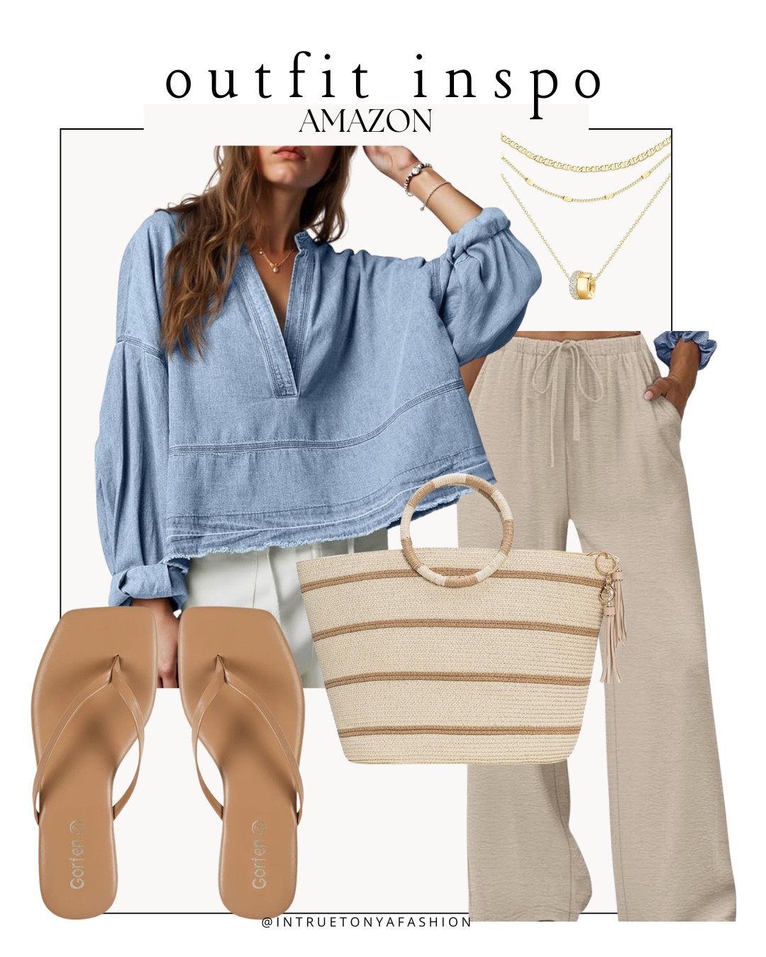 Amazon outfit idea — chambray oversized top, lightweight pants, striped tote bag, sandals, and gold necklace





Amazon outfits every outfit inspo, outfit ideas, casual outfits amazon, amazon outfits every day, spring outfits 2026, summer outfits

#LTKootd #LTKPetite #LTKSaleAlert