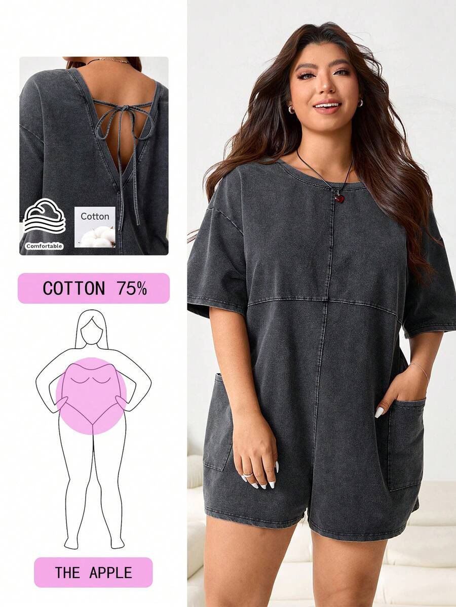 Solflare Plus Size Jumpsuit,Grey,Sommar,Baggy,Casual,Curve,Loungewear,Short Sleeve Backless Distr... | SHEIN
