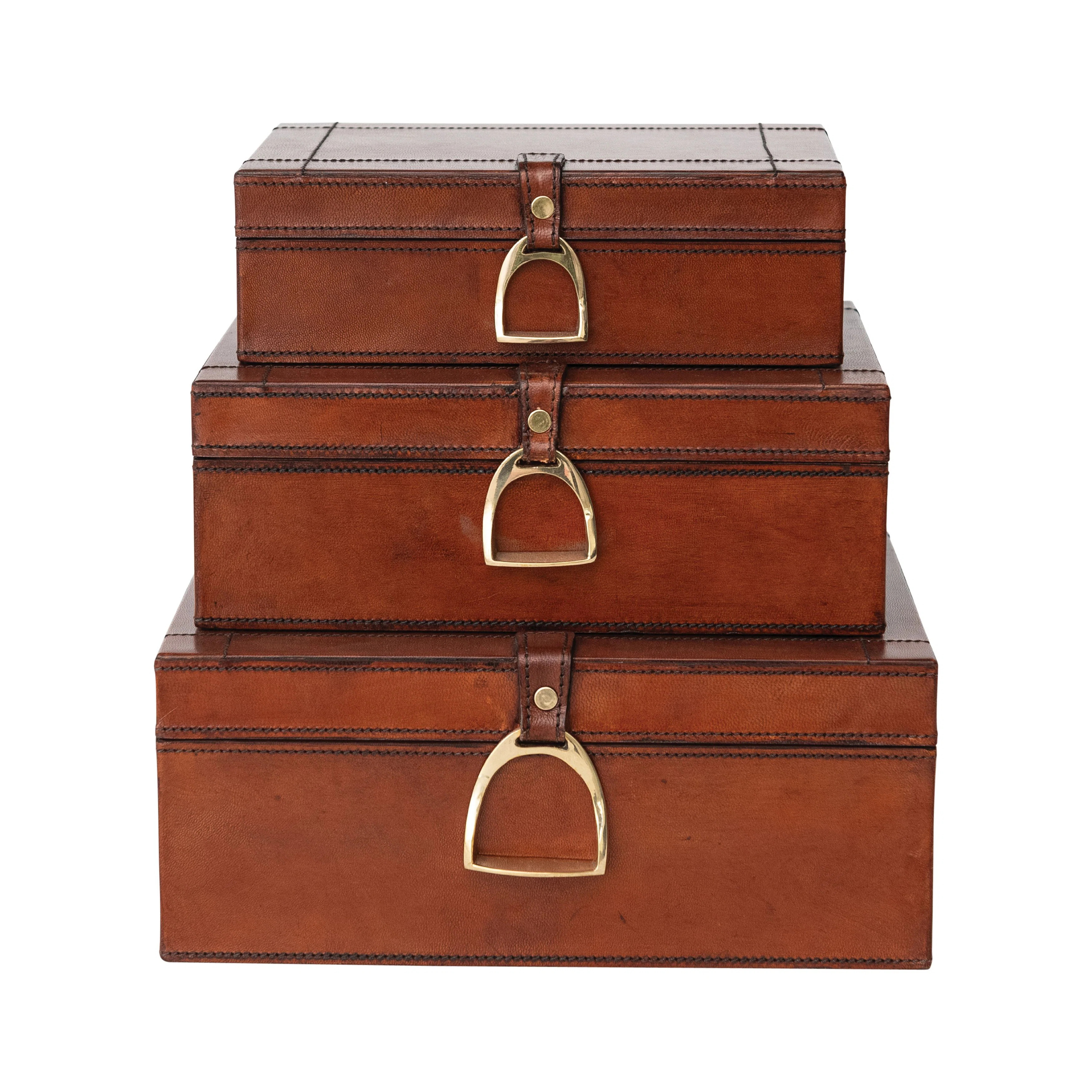 3-Piece Reclaimed Wood And Leather Nesting Boxes With Brass Closures And Flocked Interior | Wayfair North America