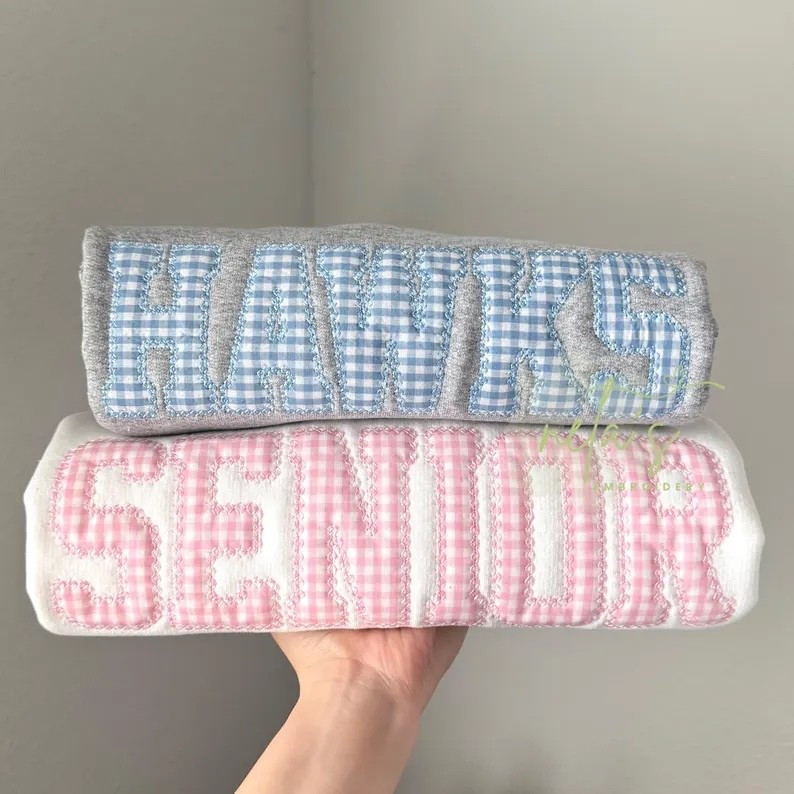 custom gingham appliqué crewneck sweatshirt, custom name, school mascot crewneck, dance team crewneck, cheer sweatshirt, game day, Embroidered Gingham Applique Crewneck, Custom Varsity Applique Letter Sweatshirt, College Sweatshirt, Team Spirit Shirt, College Apparel, senior gift, college gift, graduation gift, college girls, sorority preppy, preppy style, sorority life, freshman, graduation
￼