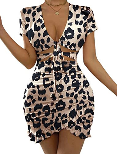 HOTOUCH Womens Short Sleeve V Neck Ruched Bodycon Mini Party Ruffle Trim Dress Leopard, XX-Large | Amazon (US)