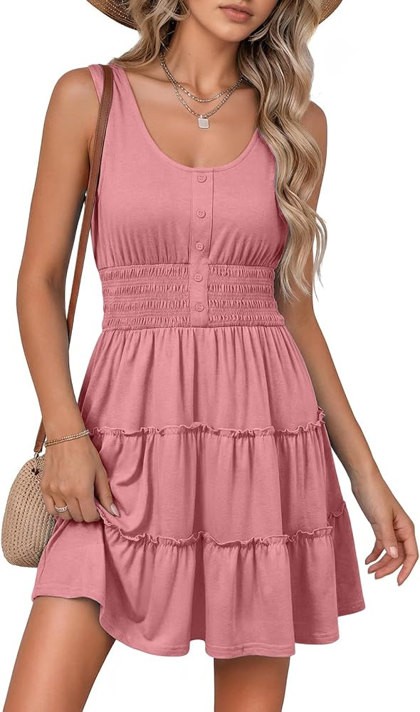 Dokotoo Womens Summer Dresses 2026 Sleeveless Button Down Smocked Empire Waist Ruffle Tiered Casu... | Amazon (US)