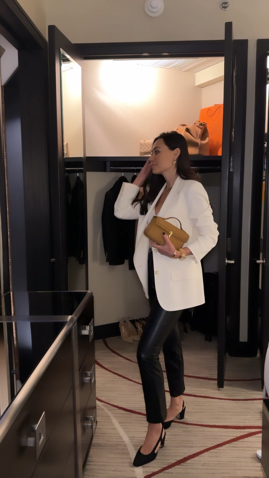 Kat Jamieson wears a white ivory blazer and leather pants to Soho House. Chanel slingbacks, Savette bag, Savette woven pouch, it bag, date night, ootn, Valentine’s Day outfit. 

#LTKshoecrush #LTKSeasonal #LTKitbag