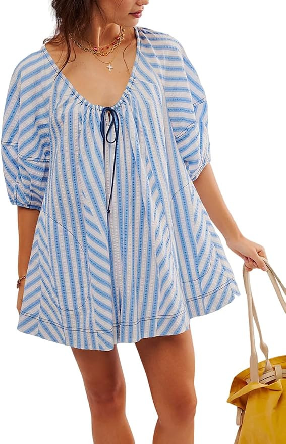 hibshaby Women's Boho Romper ¾ Sleeves Bow Tie Mini Short Jumpsuit Playsuits Babydoll Romper Tra... | Amazon (US)