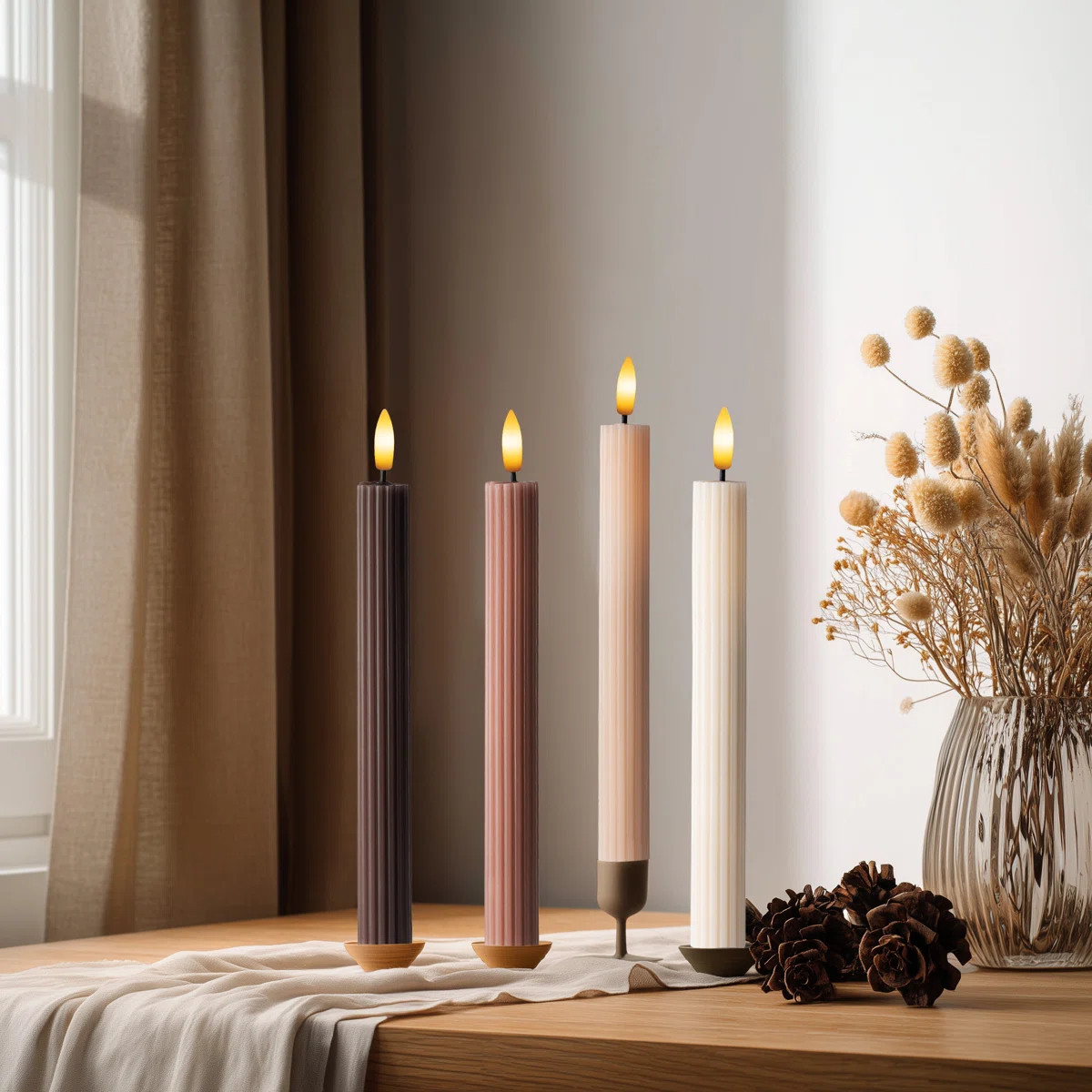 WYZworks Coordinated Chocolatey Mocha Brown 4 Pack Set, 10" LED Flameless Fluted Ribbed Grooved T... | Wayfair North America