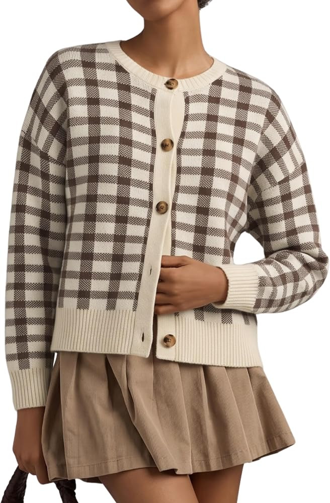 Daacee Women Plaid Cardigan Sweater Fall Button Front Knit Jackets | Amazon (US)