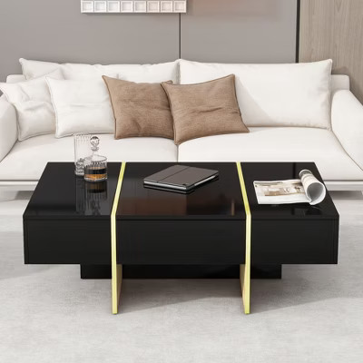 NicBex 47" Extra-Long Minimalist Coffee Table, High Gloss Rectangular Center Sofa Table with 2 Drawers & Gilded Wood-Tone Legs for Living Room, Black | Target