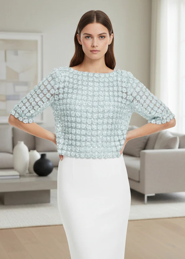 Jade Long Sleeve Floral Pearl Top - Teal | Benaar La