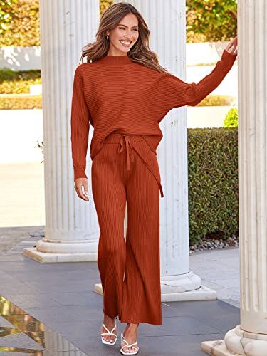 ANRABESS Women's Two Piece Outfits Batwing Long Sleeve Crop Top & Ribbed Knit Wide Leg Pants Loungew | Amazon (US)