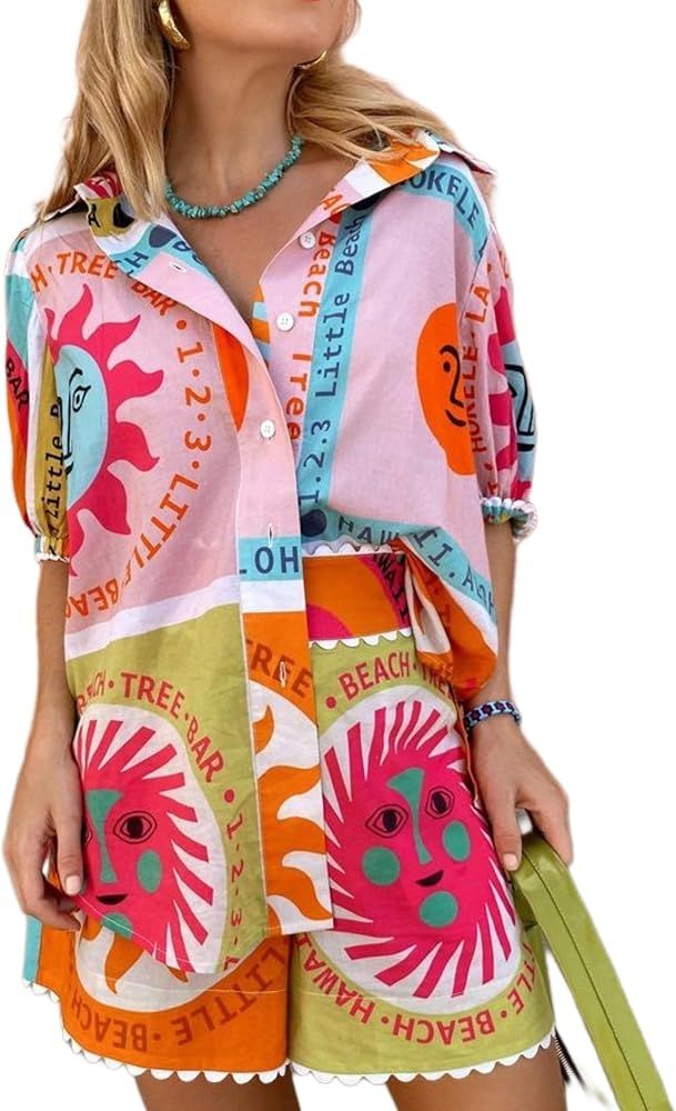 Women's Pajama Set 2 Piece Printed Sleepwear Blouses with Shorts Lounge Outfits | Amazon (US)