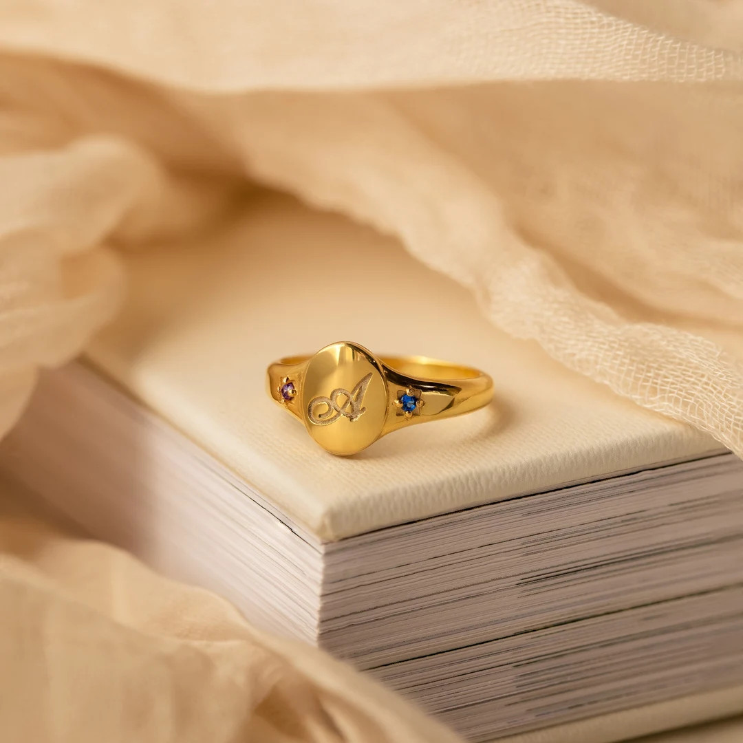 Birthstone Initial Signet Ring by Caitlyn Minimalist • Statement Gemstone Ring With Engraved Le... | Etsy (US)