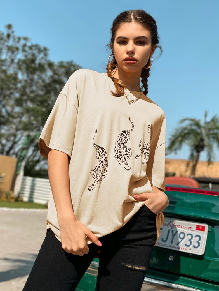 Tiger Print Drop Shoulder Tee | SHEIN
