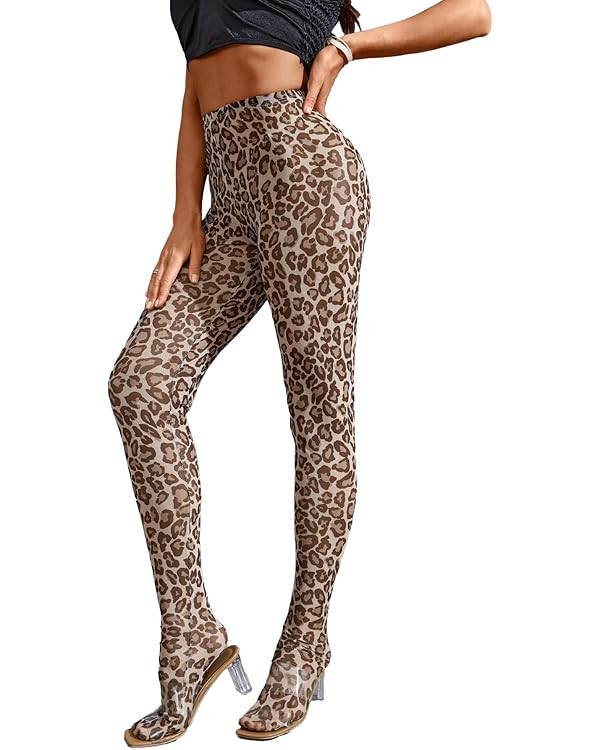 MakeMeChic Women's Leopard Print Tights Mesh High Waist Skinny Pants Y2K Leggings | Amazon (US)