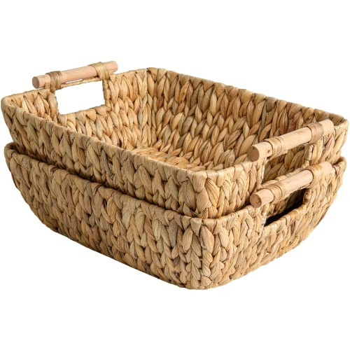 StorageWorks Hand-Woven Storage Baskets with Wooden Handles, Water Hyacinth Wicker Baskets for Organizing, 2 Pack | Amazon (US)