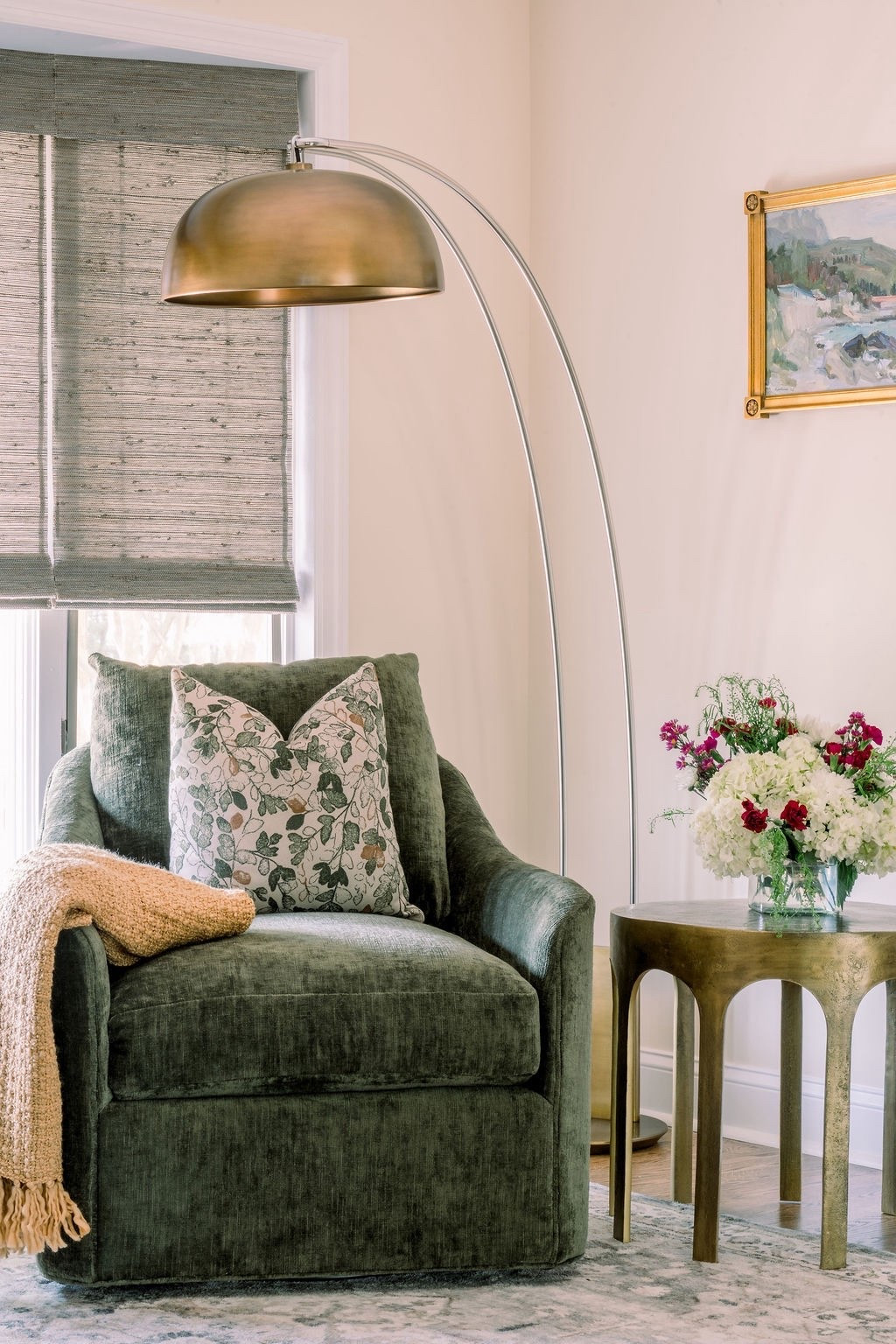 Cozy corner goals ✨ A velvet swivel chair, gold accents, and the perfect oversized arc lamp for reading or relaxing. Linking this chic setup for your next living room refresh 🤍 

#LTKHome #LTKSeasonal #LTKStyleTip