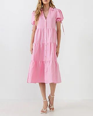 English Factory Puff Sleeves Button Down Midi Dress | Express