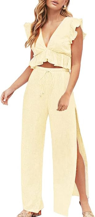 FANCYINN Womens 2 Pieces Outfits Deep V Neck Crop Top Side Slit Drawstring Wide Leg Pants Set Jum... | Amazon (US)