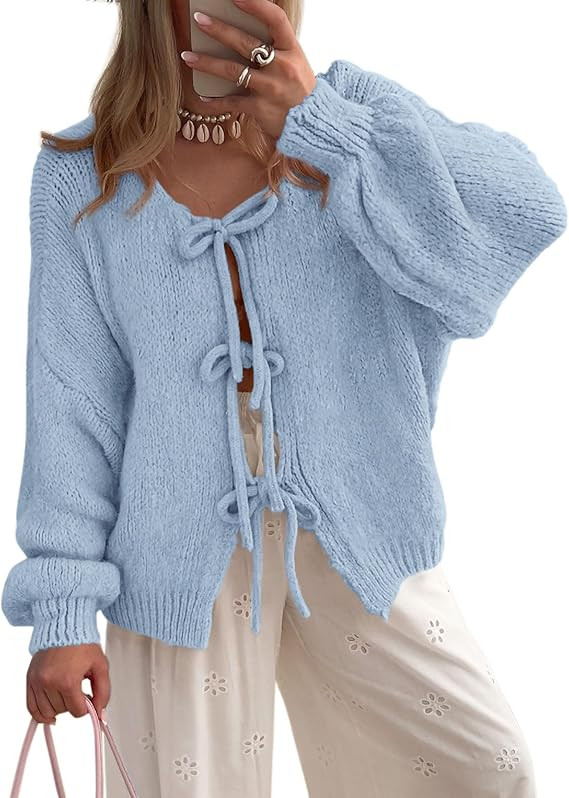 PRETTYGARDEN Women's Tie Front Bow Cardigan Sweaters Chunky Knit Long Puff Sleeve Trendy Fall Win... | Amazon (US)